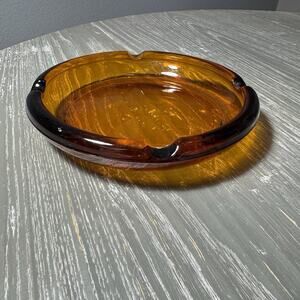 VTG Round Amber Glass Ashtray MCM Cigar/Cigarette Retro Large 8” Replacement